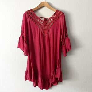 Ekouaer Maroon Red Fringe Tassel Tie Back Swim Coverup‎ Women’s Size XL NEW